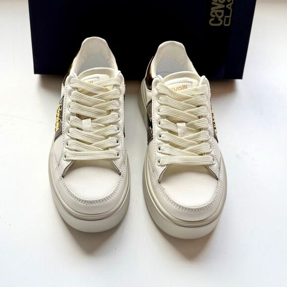 NWT Roberto Cavalli “Cavalli Class” logo hardware white low top sneaker  Size 38 - Picture 10 of 16